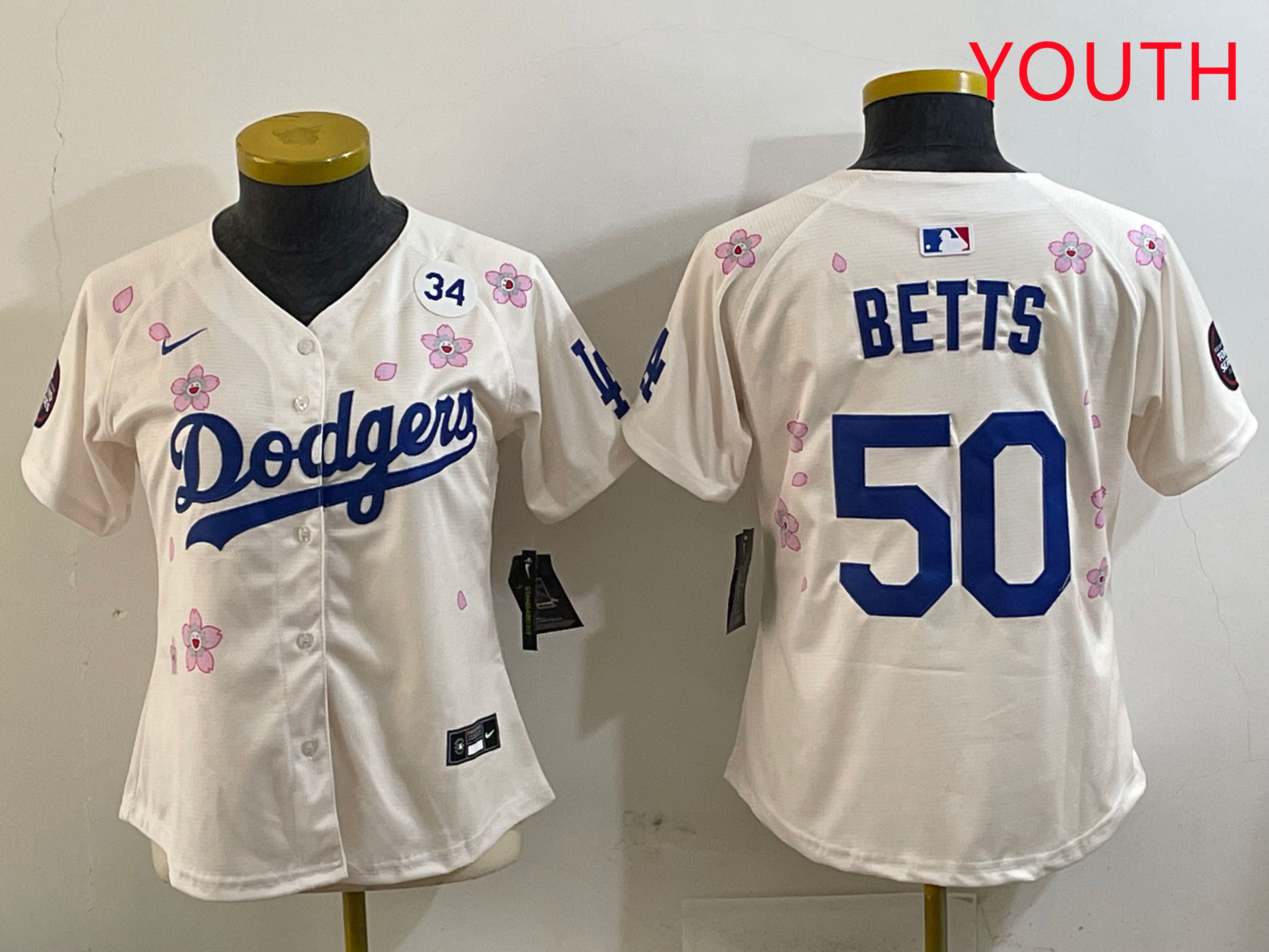 Youth Los Angeles Dodgers #50 Betts Cream Sakura Edition 2025 Nike MLB Jersey style 4->youth mlb jersey->Youth Jersey